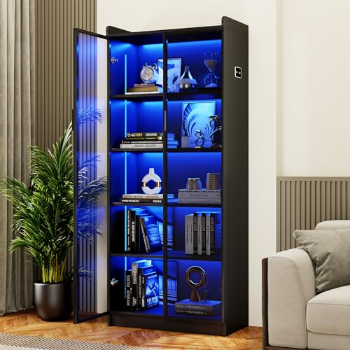Dystler Display Cabinet with Doors and Adjustable Shelves, 65" Tall Bookcase with LED Lights/Human Sensor, 5 Tier Display Case for Collectibles Bedroom Living Room Office, Black - color: Black
