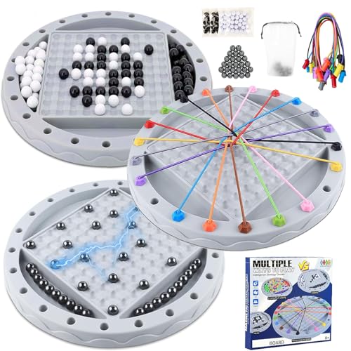 3 in 1 Board Games, 5-in-eine-Reihe-Spiel & Magnetic Chess & Rope Untangling Puzzle Game, 40 Pcs Stones, 100 Perlen, 10 String & Portable Storage Bag, Multi-Level Challenges Use for Kids Adults