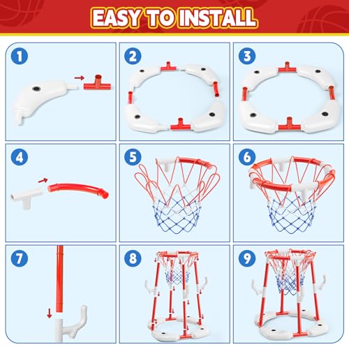 Pool Basketball Hoop for Kids Ages 4-8 & 8-12 - Floating Game Set with Water-Fillable Base, Pump, Toss Targets & Sticky Balls, Pool Games Backyard Swimming Pool Toys for Outdoor Summer Family Fun - color: Red