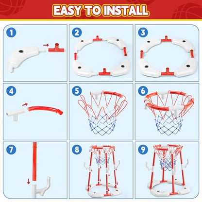 Pool Basketball Hoop for Kids Ages 4-8 & 8-12 - Floating Game Set with Water-Fillable Base, Pump, Toss Targets & Sticky Balls, Pool Games Backyard Swimming Pool Toys for Outdoor Summer Family Fun - color: Red