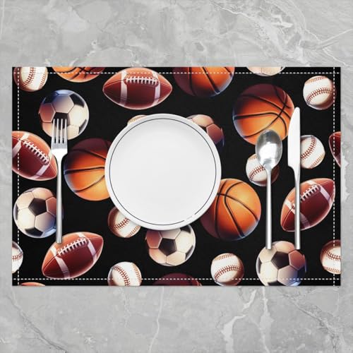 Erosebridal Ball Games Placemats Set of 4 12x18 Sports Place Mat for Boys Men Basketball Soccer Baseball Football Volleyball Black Heat Resisting Table Mats - color: Black