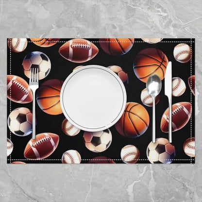 Erosebridal Ball Games Placemats Set of 4 12x18 Sports Place Mat for Boys Men Basketball Soccer Baseball Football Volleyball Black Heat Resisting Table Mats - color: Black