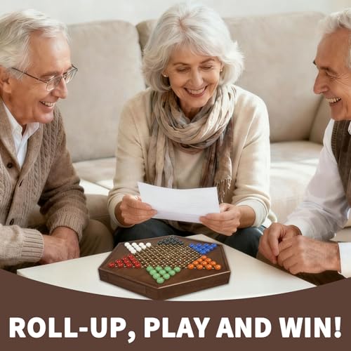 Chinese Checkers Board Game - 13” Large Wooden Checkers Game with Storage Drawer, 16mm Glass Marbles (60 + 12 Extras), Classic Family Strategy Game for 2-6 Players - size: 13"