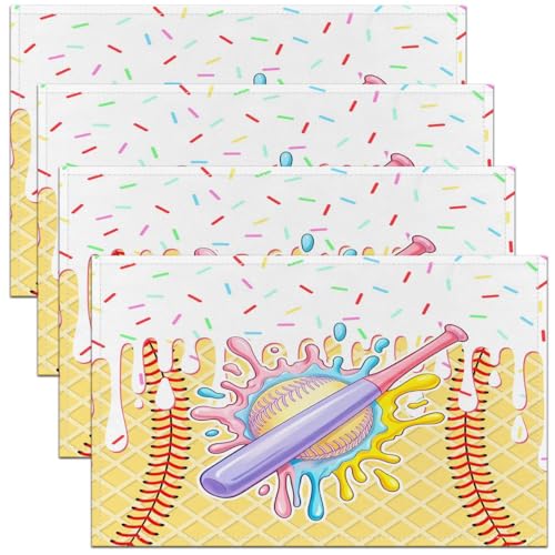 Castle Fairy Ice Cream Drip Baseball Kids Placemats Set of 4,Baseball Bat Ball Sport Player Fans Table Place Mats,Waffle Cake Dessert Kitchen Decor,Colorful Placemat Kitchen Table Decoration 12"x18" - color: Colorful