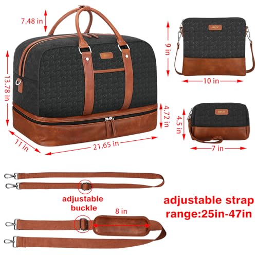 Weekender Bag for Women, Large Overnight Bag Canvas Travel Duffel Bag Carry On Tote with Shoe Compartment 21" 3Pcs Set - color: A12-brown+black