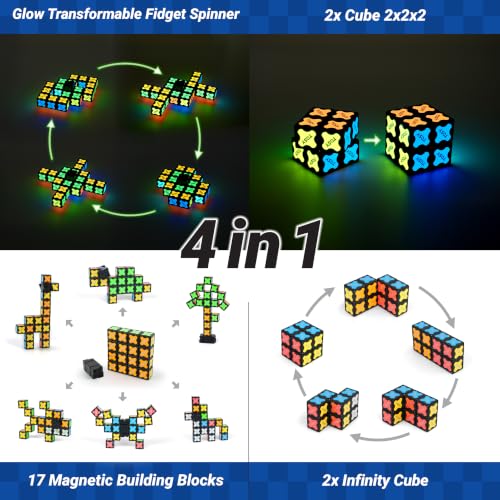 TOSY Magnet Fidget Spinner Glow - 16 Blocks, 3in1 Toy: Transformable Fidget Spinner, Infinity/Puzzle Cube, Easter Basket Stuffers Gift for Kids/Adults, Glowing STEM Sensory Stress Relief - color: Glow B
