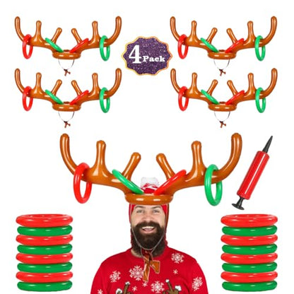 4 Pack Inflatable Reindeer Antler Ring Toss Game (4 Antlers 16 Rings 1 Pump) Reindeer Antler Hat Ring Toss for Xmas Party Great Christmas Games for Families