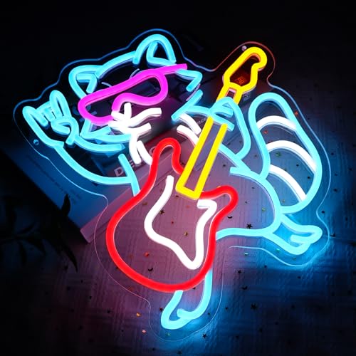 Raccoon Guitar Neon Sign for Wall Decor, Cool Guitarist Led Signs for Bedroom, USB Dimmable Cute Animal Neon Lights for Bar Live Music Concert Club Game Room Studio Party Home Decoration - style: Raccoon Guitar