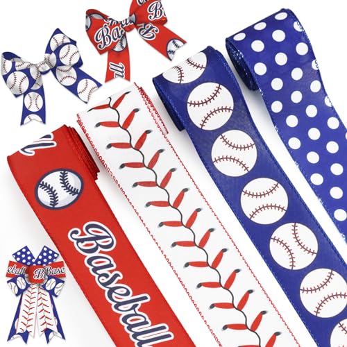 Baseball Wired Edge Ribbon for Gift Wrapping 2.5 Inch Red Blue Craft Ribbon Wired Fabric Ribbon for Sport Events DIY Bow Wreath Wrapping Supplies,2.5"*5 Yards, 4 Rolls Style B - color: Baseball B