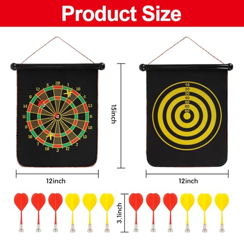 Magnetic Dart Board, 15 x 12 Inches Dart Boards for Youth Boys Girls, Two Sided Roll Up Dartboard,12 Magnetic Safe Darts, Indoor Outdoor Game, Room Decor, Best Gifts for Teen Boys 13-18
