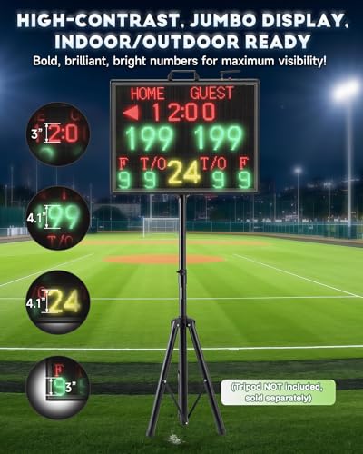 Matrix Display Large Electronic Scoreboard with Wireless LCD Touchscreen RF Controller - 26.4x20.5" Big Matrix Display, 100Ft Visibility, DC Battery, Flexible Control for Indoor/Outdoor Sports Games
