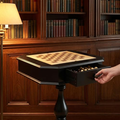 Black Finish Chess Game Table with Turned Pedestal | Hidden Storage Drawer, Reversible Tabletop, Chess & Backgammon Game Board, Sturdy Elegant Base, Side Table - size: 28''-Chess Table Black + Turned Pedestal