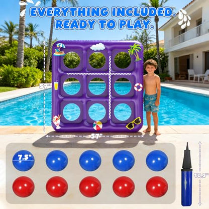 EPN Pool Games for Kids and Adults, 56” x 54” Inflatable Floating Tic Tac Toe Toss Game with 10 Balls, 2-in-1 Pool & Lawn Water Sprinkler Toy, Summer Pool Party Accessories for Backyard Fun, Purple