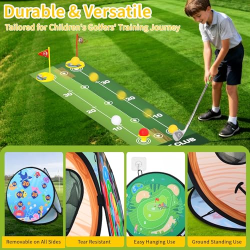 AOSITE Toddler Golf Set, 5 in 1 Kids Golf Set with 3 Golf Clubs, Putting Mat, 4-Sided Chipping Net, Golf Sport for Kid, Indoor Outdoor Kids Sticky Backyard Golf Games Toys Activitie Birthday Gift 3+