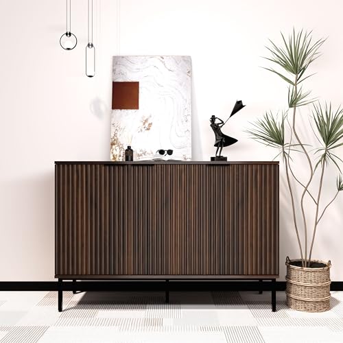 Fluted Sideboard, Buffet Cabinet with Storage, Wooden Accent Console Cabinet with Doors and Adjustable Shelves, for Living Room, Dining Room, Entryway, Hallway, 47.3" - color: Dark Brown, size: 3 doors