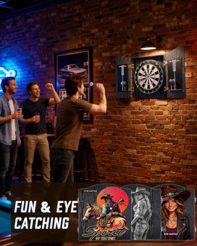 Sisal Dart Board Cabinet Sets, Decorative Dart Boards for Adults [6*Steel Darts] - Wooden Dartboard Cabinet with Integrated Scoreboard for Family Game Rooms - [Cowboy 02]