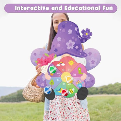 Yquqwn Large Spring Dart Board Game Flower Gnome Target with 12 Sticky Balls for Kids Spring Party Easter Games Indoor Outdoor Activities