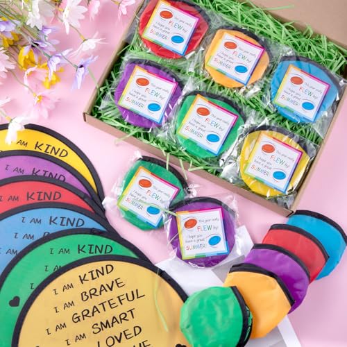 End of the Year Gifts for Students Bulk Foldable Flying Disc Fans Set with Stickers Bags, End of Year Student Gifts from Teacher Beach Fun Folding Pocket Hand Fans for Outdoor Activities Games - style: 24 Pcs Inspirational Flying Disc Fans-A