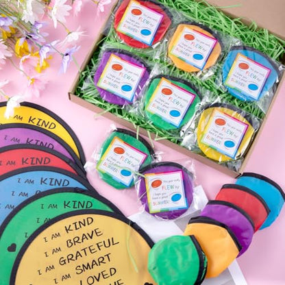 End of the Year Gifts for Students Bulk Foldable Flying Disc Fans Set with Stickers Bags, End of Year Student Gifts from Teacher Beach Fun Folding Pocket Hand Fans for Outdoor Activities Games - style: 24 Pcs Inspirational Flying Disc Fans-A