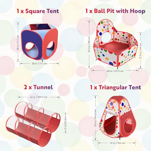 Playz 5-Piece Kids Play Tents Crawl Tunnels and Ball Pit Popup Bounce Playhouse Tent with Basketball Hoop for Indoor and Outdoor Use with Red Carrying Case - color: Red