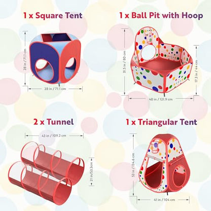 Playz 5-Piece Kids Play Tents Crawl Tunnels and Ball Pit Popup Bounce Playhouse Tent with Basketball Hoop for Indoor and Outdoor Use with Red Carrying Case - color: Red