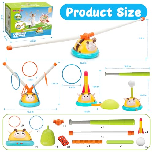 Outdoor Toys for Kids 4-8, 4-in-1 Musical Jump Toy, Toss Ring & Baseball Game, Indside Outside Active Play Sports Toy for Toddlers Ages 3-5, for Boys Girls 3 4 5 6 7 8