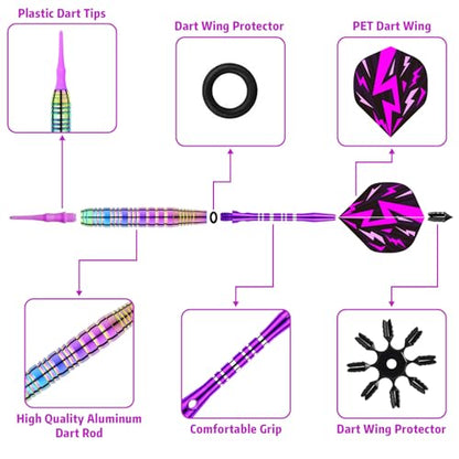 Soft Tip Darts Set - Darts Plastic Tip Sets, 3Pack Professional Plastic Tips Dart with Extra 12 Soft Tips and 6 Replace Dart Leaf for Beginners & Pro Players - color: Pink