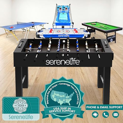 SereneLife 48in Foosball Table, Competition Size Soccer Game Table for Kids and Adults, Home Game Room Arcade Set, Leveling Legs, Engineered Wood, Chrome Steel Rods, 2 Balls, 2 Cup Holders - color: B) Black