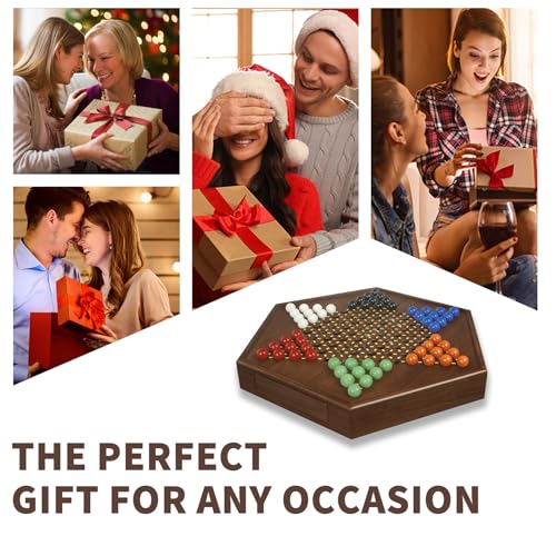 Chinese Checkers Board Game - 13” Large Wooden Checkers Game with Storage Drawer, 16mm Glass Marbles (60 + 12 Extras), Classic Family Strategy Game for 2-6 Players - size: 13"