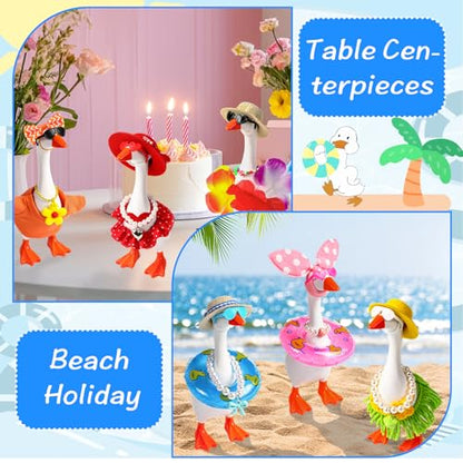 Desk Goose Key Holder 7 Inch Mini Figurine with 6 Set Summer Hawaiian Outfits,Summer Holiday Desktop Magnetic Small Proch Goose Resin Statue Set for Home Office Bedroom Office Table Decor - style: 6 Sets-Summer Desk Goose Outfits