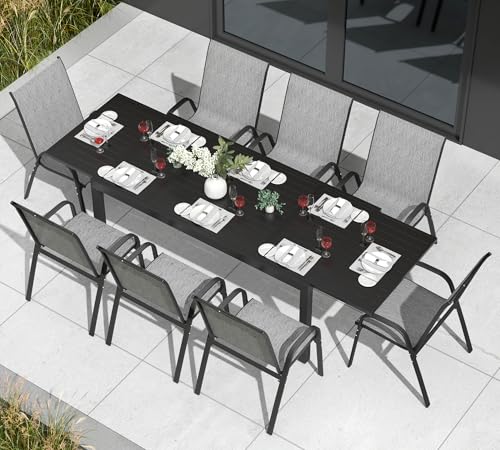PIZZELLO 9 Pieces Outdoor Dining Set, 106" Aluminum Extendable Patio Dining Table w/ 8Pcs Stackable Textilene Chairs, All Weather Outdoor Table and Chairs Sets for Backyard, Garden, Deck and Poolside - size: 106"Table + 8 Chairs