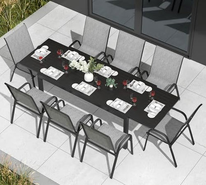 PIZZELLO 9 Pieces Outdoor Dining Set, 106" Aluminum Extendable Patio Dining Table w/ 8Pcs Stackable Textilene Chairs, All Weather Outdoor Table and Chairs Sets for Backyard, Garden, Deck and Poolside - size: 106"Table + 8 Chairs