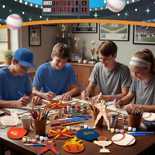 Saypacck 24 Pcs Baseball Party Favors Wooden Painting Craft Kits Birthday Party Supplies with Organza Bag for Goodie Bags Fillers Adult Thank You Gifts - style: Sport Theme