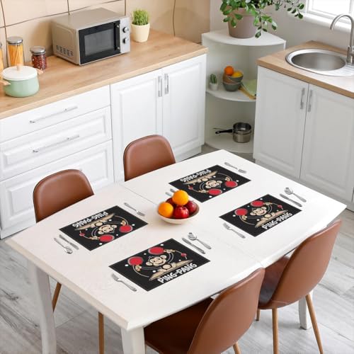 Erosebridal Cute Ping-Pong 12x18 Inch Placemats Set of 4, Kawaii Monkey Zoo Place Mat for Kids Boys Girls, Ball Sport Games Oil Proof for Dining Kitchen Table, Black White Animal Table Mats - color: Black Red