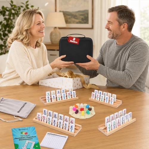 Mexican Train Dominoes Set Double 12 Number Domino Tiles, 91 Colorful Number Dominos Tiles with 8 Wooden Racks, Hub & Trains, Portable Domino Game Set for Adults Kids Families - style: Double 12 Number + 8 Racks