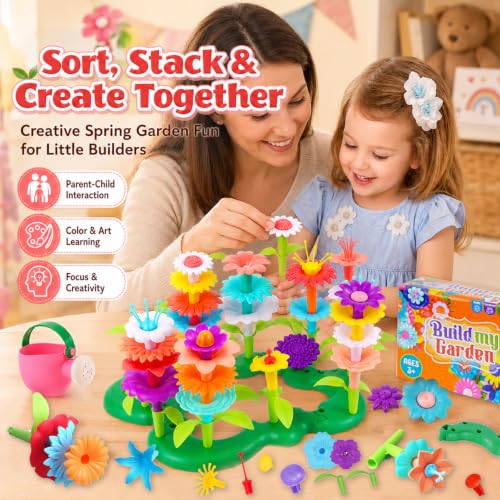 FUNZBO Girl Flower Garden Building Toys Set - Birthday Gifts for Age 3 4 5 6 7 8 Years Old Girls, STEM Montessori Educational Toy for Toddler Kids, Sorting & Stacking Spring Gardening Set - size: Starter Set - 46pcs