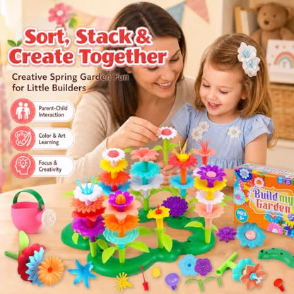 FUNZBO Girl Flower Garden Building Toys Set - Birthday Gifts for Age 3 4 5 6 7 8 Years Old Girls, STEM Montessori Educational Toy for Toddler Kids, Sorting & Stacking Spring Gardening Set - size: Starter Set - 46pcs