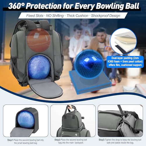 2-Ball Bowling Backpack with Shoe Storage – Heavy Duty Padded Travel Bag - color: DK Grey