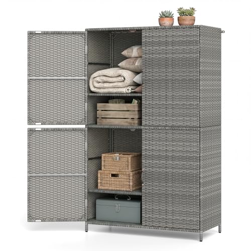 Tangkula Rattan Outdoor Storage Cabinet, Patiojoy Outdoor Cabinet with 2 Adjustable Shelves, 4 Doors, Patio Storage Deck Box Table for Patio Garden Poolside - color: Mix Gray, size: 35.5" x 16" x 58"