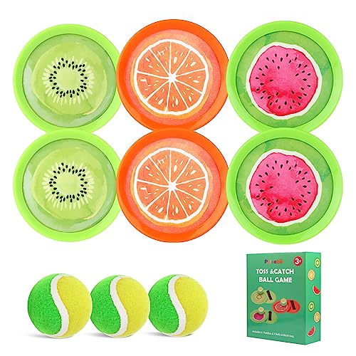 Toss and Catch Ball Game Set - Fruit Design Catch Game for Kids Adults Beach Yard Lawn Outdoor Indoor 6 Sticky Paddles 3 Balls and 1 Storage Bag - color: Multicolored