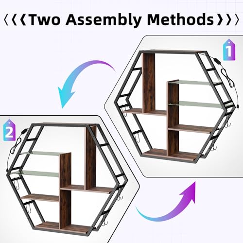 kepptory 39 inch Large Gaming Floating Shelves with LED Lights, 5 Tier Wall Mounted Shelves with 2 Removable Glass Shelf, Pipe Shelves Hanging Display Rack with 8 Hooks, Easy Assembly (Retro Brown) - color: Brown, size: 7.9"D x 39.4"W x 34.3"H