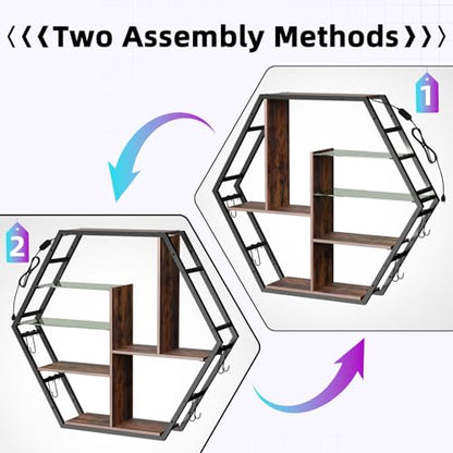 kepptory 39 inch Large Gaming Floating Shelves with LED Lights, 5 Tier Wall Mounted Shelves with 2 Removable Glass Shelf, Pipe Shelves Hanging Display Rack with 8 Hooks, Easy Assembly (Retro Brown) - color: Brown, size: 7.9"D x 39.4"W x 34.3"H