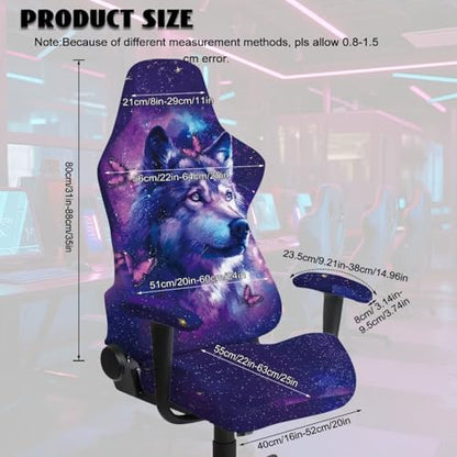 Suobstales Galaxy Wolf Butterfly Pattern Gaming Chair Cover, Stretchable Office Computer Chair Cover Ergonomic Cat Proof Protector with Armrests, Comfy Executive Rolling Chairs for Home Office - color: Galaxy Wolf Butterfly