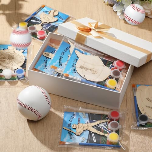 Saypacck 24 Pcs Baseball Party Favors Wooden Painting Craft Kits Birthday Party Supplies with Organza Bag for Goodie Bags Fillers Adult Thank You Gifts - style: Sport Theme