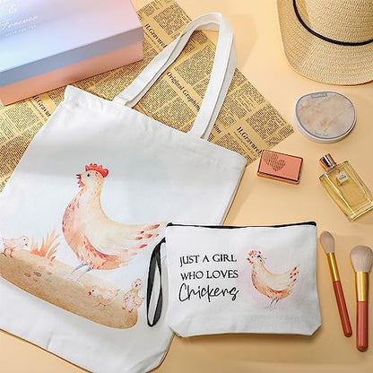 Sieral 2 Pcs Animal Lover Bag Gift for Women Travel Canvas Tote Portable Zipper Pouch Canvas Reusable Grocery Tote - style: Chicken