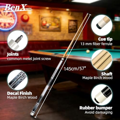 57 Inch Pool Cue Stick - 13mm Fiber Ferrule Tip, Maple Birch Wood Billiard Cue with Chalk & Glove | Explosion-Proof Joint for Home, Bar, Billiard Hall - style: Maple Birch Wood Billiard Cue-Black/White