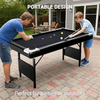 7 Foot Pool Table for Family, Foldable No Assembly Pool Table with Balls, Cues, Chalk, Rack & Brush, Portable Billiards Game Table for Apartment, Basement, Office & Game Room - size: Black-6FT