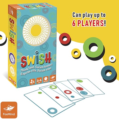 FoxMind Games: Swish Card Game, Spatial Reasoning Board Game for Ages 7 and up, Rotate, Stack & Match Transparent Cards to Win. Waterproof Cards & Travel Bag - Perfect Family Travel Game