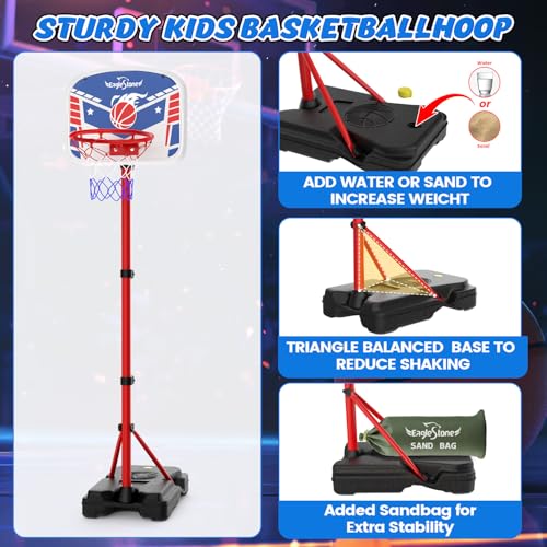 EagleStone Kids Basketball Hoop with Stand, Adjustable Height Basketball Set Toddler Toys for Boys and Girls Age 3-12, Indoor Outdoor Backyard Sport Game Gift with Sandbag for Stability