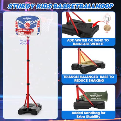 EagleStone Kids Basketball Hoop with Stand, Adjustable Height Basketball Set Toddler Toys for Boys and Girls Age 3-12, Indoor Outdoor Backyard Sport Game Gift with Sandbag for Stability